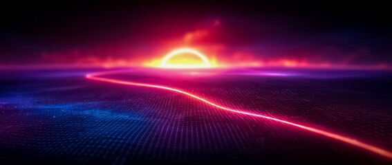 Bright red sun is in the center of a purple and blue sky