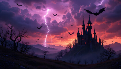 Spooky castle under dramatic storm sunset.A majestic silhouette of a fairytale castle, perched atop a hill, is featured against a vibrant sunset sky filled with dramatic clouds and lightning.