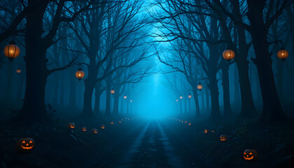 Spooky Halloween Forest Path Illuminated by Lanterns.A captivating image of a misty, dark Halloween forest path.