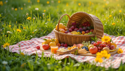 Colorful Picnic Basket and Fruit Platter in a Sunny Meadow.A vibrant picnic scene featuring a wicker basket overflowing with a variety of fresh fruits, placed on a checkered picnic blanket in a grassy