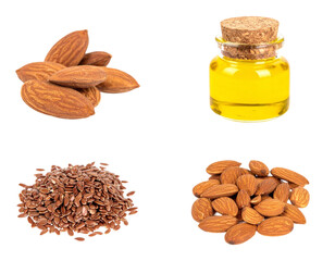 Nourishing skincare concept featuring almond oil, almonds, and flax seeds for natural beauty routines