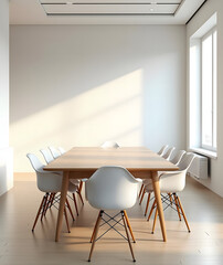 Modern Scandinavian Conference Room with Wooden Table and White Designer Chairs in Bright Natural Light