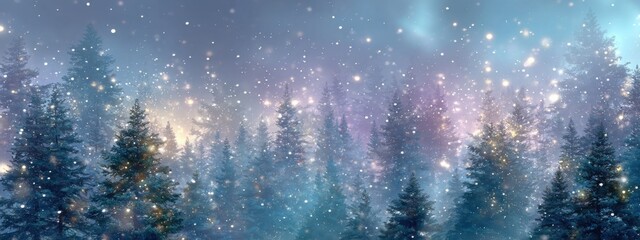 Snowstorm gently covering forest trees
