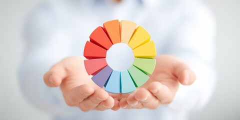 Person is holding a colorful pie chart in their hands