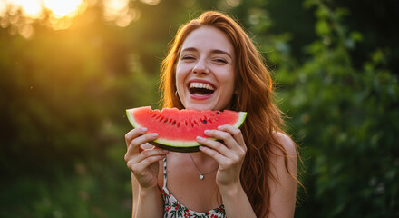 A young woman laughing while eating a slice of watermelon outdoors