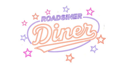 Retro diner logo design, pastel neon Roadrunner Diner sign with stars.