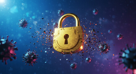 Golden padlock symbolizing global lockdown and protection against a viral pandemic outbreak. 3D rendering of security.