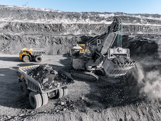 Aerial view Open pit coal mine operations with heavy machinery truck and excavation. Concept work...
