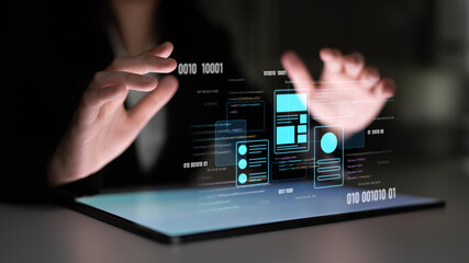 UI UX mockup showing application layout, structure, and code interface. UI design defines user...