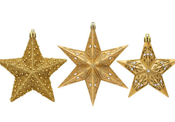 Fototapeta premium Three distinct golden star-shaped ornaments, left with glitter and beads, center polished with etched details and clear gems, right ornate with filigree and gems, on a transparent background,