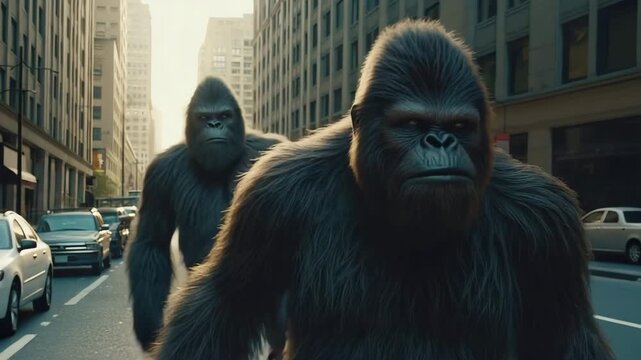 Two majestic simian creatures with dark fur stride purposefully along a bustling metropolitan roadway amidst towering structures