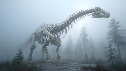 Gigantic Brachiosaurus Dinosaur Skeleton Standing Tall in a Misty Forest Surrounded by Bare Trees