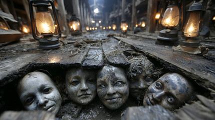 Surreal horror concept of realistic human heads emerging from muddy floorboards in a dark lantern-lit corridor