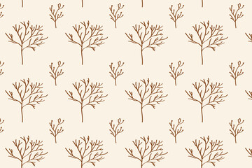Bare forest tree branches seamless pattern. Elegant line drawing of leafless trees in a neat repeating layout. Ideal for winter autumn textiles, wrapping paper, wallpaper, or calm seasonal backdrops, 