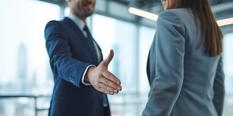 Fototapeta premium Man in blue suit extends hand for handshake with person in grey suit business agreement