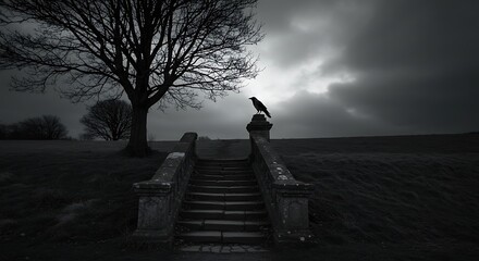 Silhouette of a solitary raven on a stone balustrade against a dramatic stormy sky. Moody black and white gothic landscape.