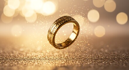 Elegant gold ring with a precious design, floating amidst sparkling glitter and golden bokeh lights for a celebration