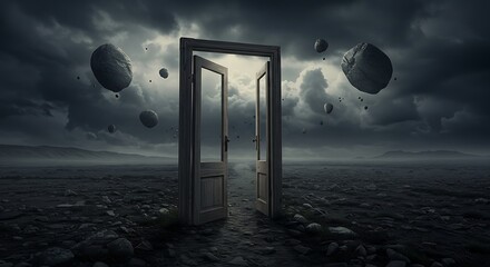 A conceptual depiction of an an open door as a portal to a new dimension, set in a surreal, dark landscape with levitating rocks under a stormy sky.