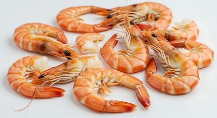 A group of freshly cooked pink tiger prawns. Delicious boiled or steamed shrimp isolated on a white background, a healthy seafood appetizer.