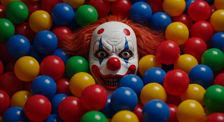 A terrifying evil clown with a sinister grin emerges from a vibrant and colorful children's ball pit