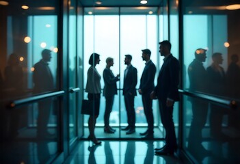 Generative AI A gathering of business professionals inside a glass elevator ascending in an
