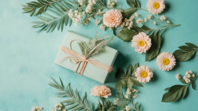 Elegant pastel gift box adorned with fresh green foliage and soft blossoms on a calming aqua surface, perfect for celebrations