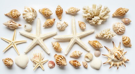 A diverse collection of natural seashells, starfish, and coral arranged in a flat lay pattern on a white background.