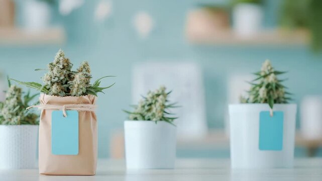 Nurtured cannabis plant presented in a rustic paper wrap with a distinct blue label amidst soft light and botanical arrangements