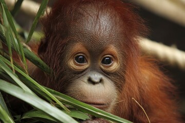 An orangutans face is framed by green leaves The young primate has soft eyes a flat nose  light facial fuzz Its hair is reddishbrown