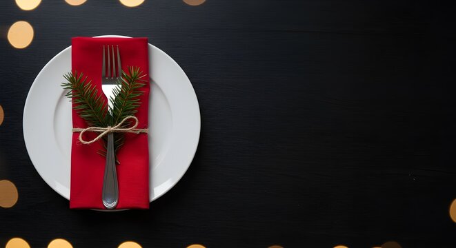 Presents festive holiday table setting. Plate displays red napkin, fork, evergreen sprig. Background shows bokeh. For Christmas marketing, design, web.