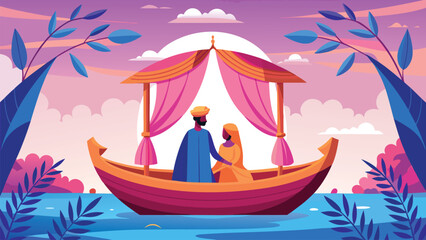 Couple in traditional attire on a boat at sunset with colorful sky and foliage clouds