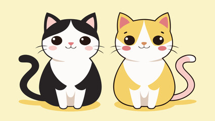 Two cute cartoon cats one black and white the other yellow and white kitten animal