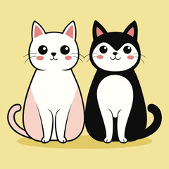Two cute cartoon cats one white and pink one black and white sitting together kitten