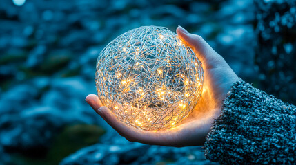 Hand holding a glowing geometric sphere with embedded lights in a natural outdoor setting