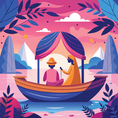 Two people in a boat on a pink and blue lake with mountains and foliage couple water