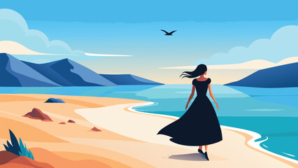Woman in black dress walks on sandy beach by turquoise ocean and blue mountains vector