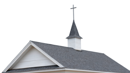 Traditional white church steeple with cross against clear sky on transparent background, PNG