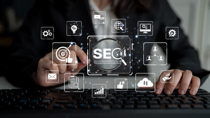 SEO concept for improving SEO visibility, with SEO related digital tools and SEO performance icons shown in an focused layout for strategic marketing. Spline