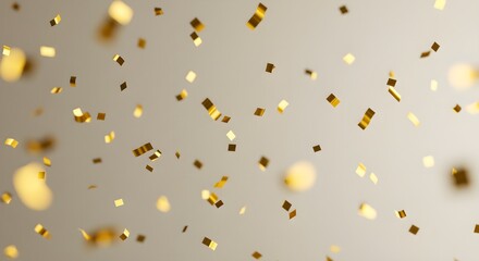 Golden confetti falls against a neutral backdrop. Festive element for invitations, celebrations, graphic design, and web use. Adds glamor to branding materials.