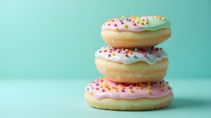 Stack of delicious donuts with colorful colored glaze on a blue-green background. 

