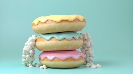 Stack of delicious donuts with colorful colored glaze on a blue-green background. 

