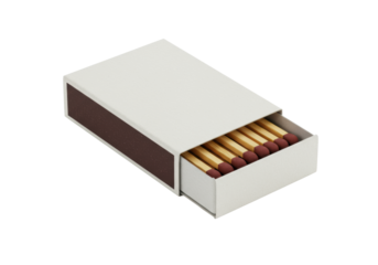 Classic light wood matchbox partially open on immaculate transparent studio background, inner drawer ajar revealing five wooden matches with dark red tips, 3/4 overhead macro shot. Concept of