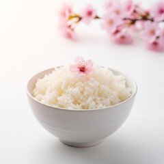 Vibrant rice in a minimalist bowl with a delicate garnish, softly lit in a bright studio.