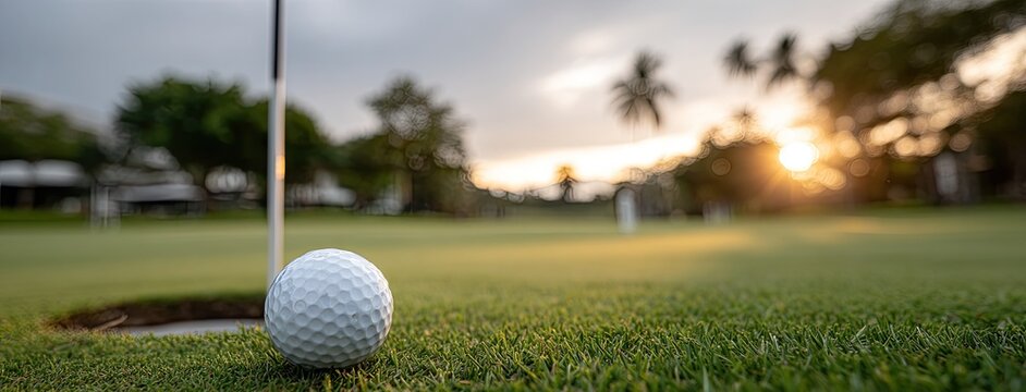 Golf ball positioned near the hole on green grass during sunset, offering ample space for customization and branding opportunities.