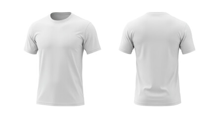 Fototapeta premium Two transparent short-sleeved cotton t-shirts, front and back views side-by-side, perfectly laid out on a seamless brilliant white studio background with shadowless lighting, commercial apparel
