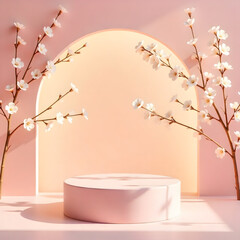 Soft pink podium with blooming branches and arch backdrop