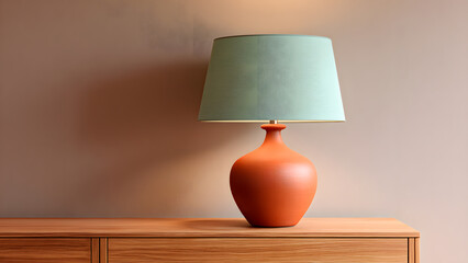 Stylish lamp with terra cotta base and light green lampshade on a wooden dresser.