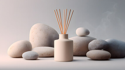 Neutral Aromatherapy Still Life: Diffuser, Stones, and Soft Lighting for Home Decor