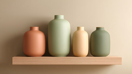 Still life of minimalist vases in muted colors resting on a wooden shelf against a wall.
