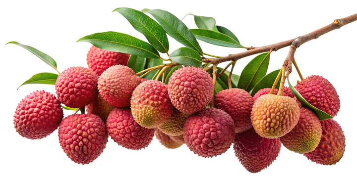 A cluster of ripe red lychee fruits with green leaves hanging from a branch isolated on transparent background